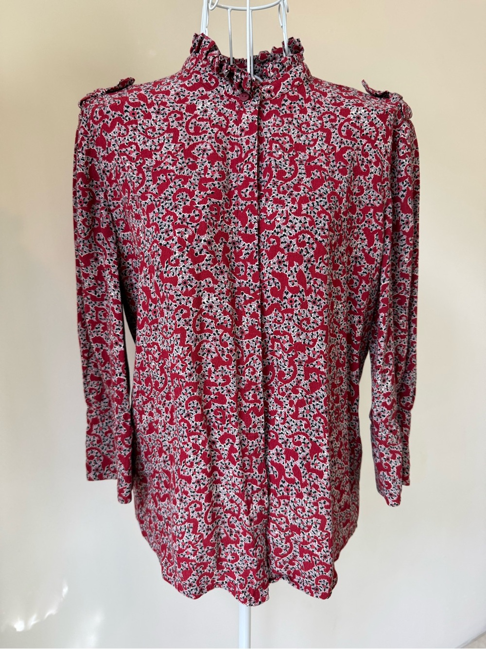 ba&sh Catty Ruffle Collar Floral Paisley Blouse Red Black Viscose Size XS